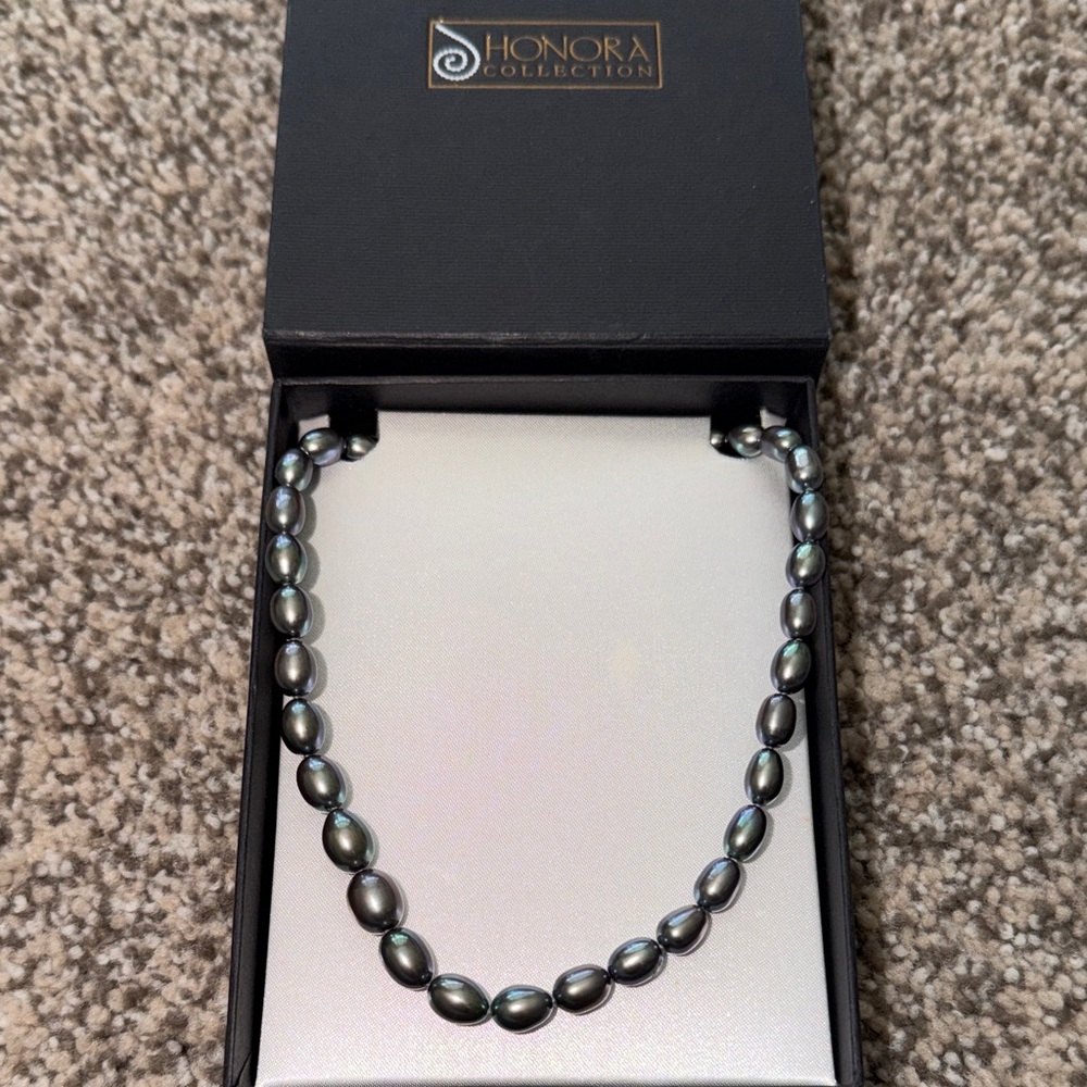 Honora 18” Black Peacock Pearl Necklace New in Box - Purple Green Blue